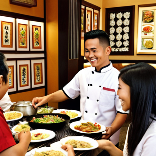**

Prompt: A bustling Malaysian restaurant during peak hours. Focus on personalized customer service: smiling waiters efficiently serving diverse dishes, attentive owner interacting with patrons. Capture the warm ambiance and local culinary experience. Include traditional Malaysian decor.

**