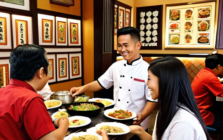 **
Prompt: A bustling Malaysian restaurant during peak hours. Focus on personalized customer service: smiling waiters efficiently serving diverse dishes, attentive owner interacting with patrons. Capture the warm ambiance and local culinary experience. Include traditional Malaysian decor.
**